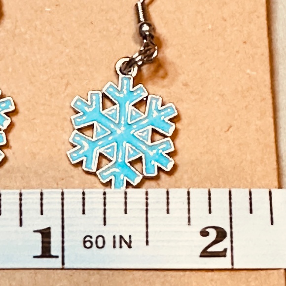 Stainless Steel Earring Hooks Dangle Aqua Blue Silver Snowflake Enamel Handmade - Picture 7 of 7
